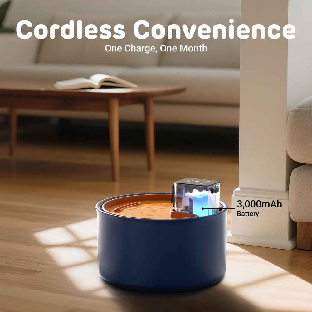 iPettie cordless fountain illustrating rechargeable 3000mAh battery for wireless placement