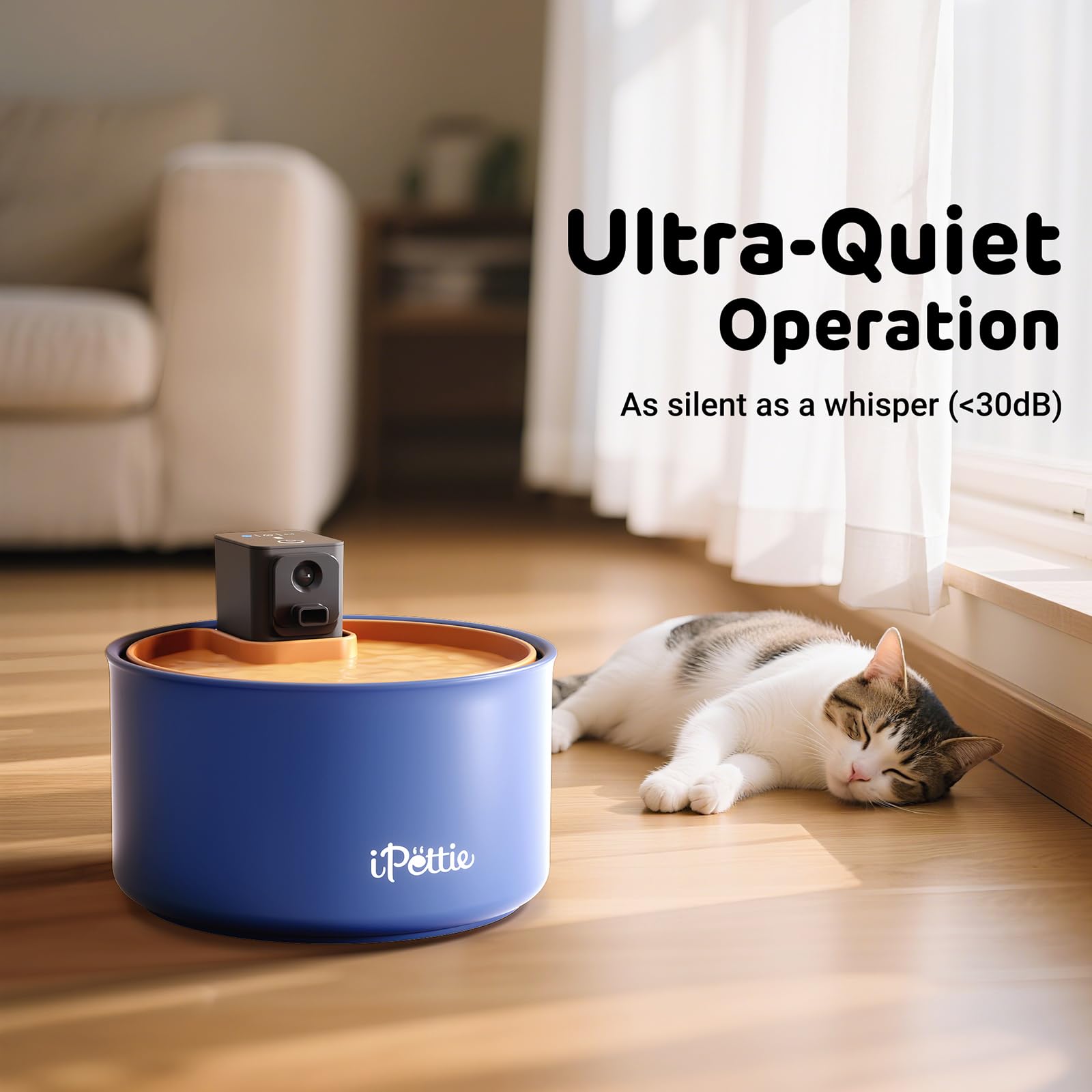 iPettie ceramic cat fountain in use by a cat, highlighting versatile home placement