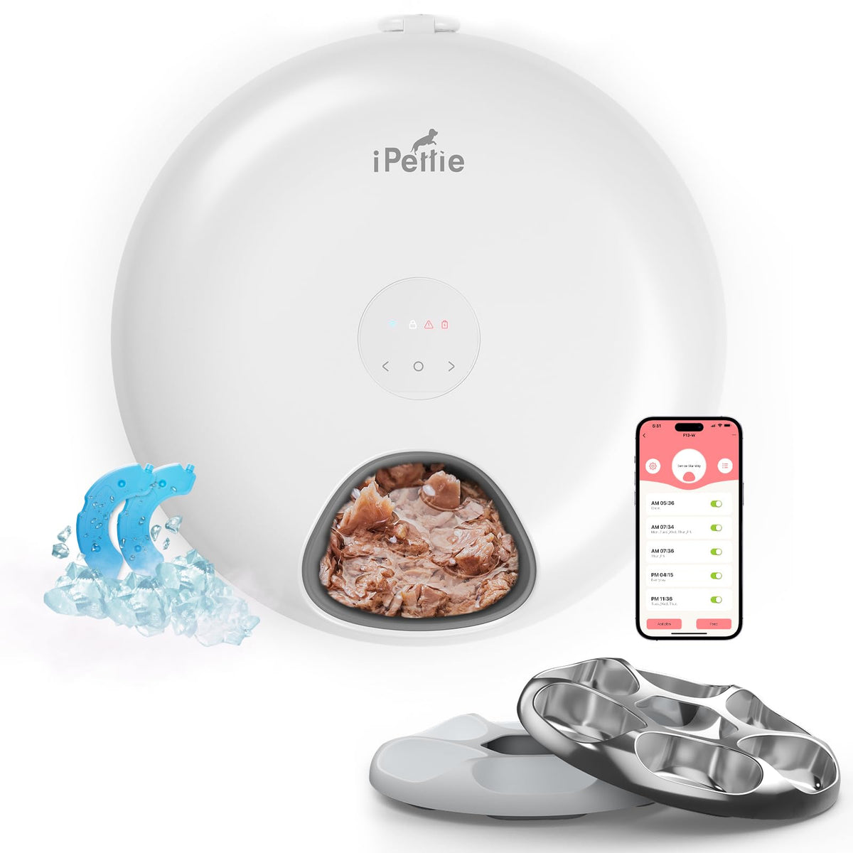 iPettie Donut Frost feeder front view with sleek white body and easy-access compartments