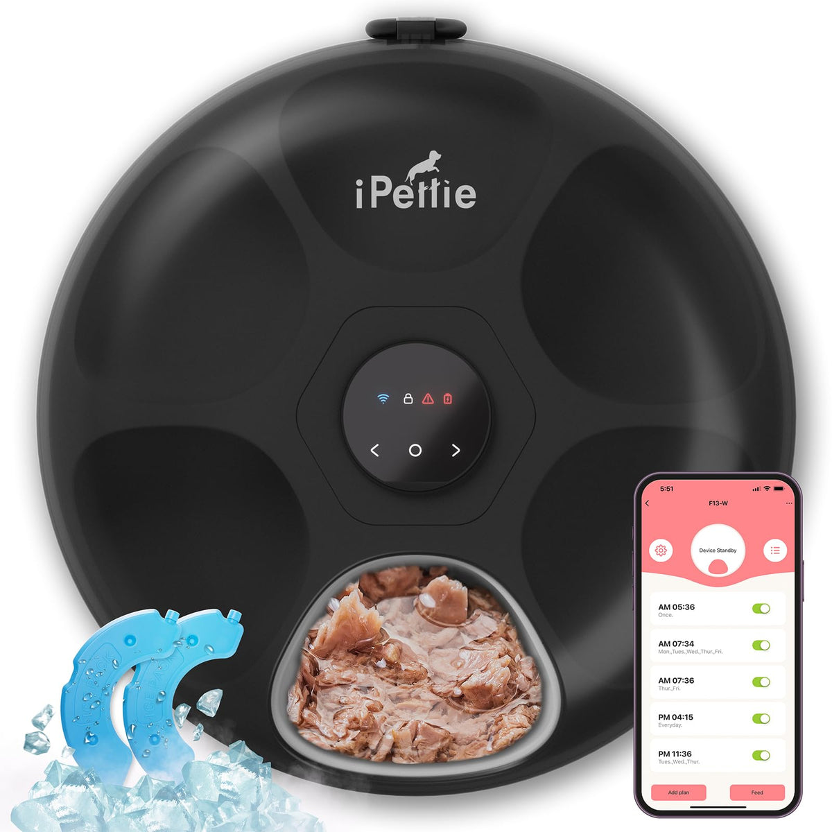 iPettie Donut Frost feeder top view highlighting six portioned compartments for controlled feeding