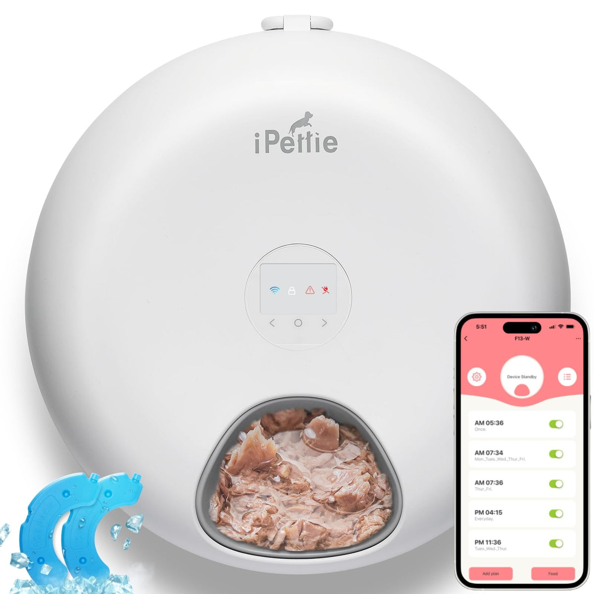 ipettie Donut Frost front view demonstrates remote meal scheduling for pets