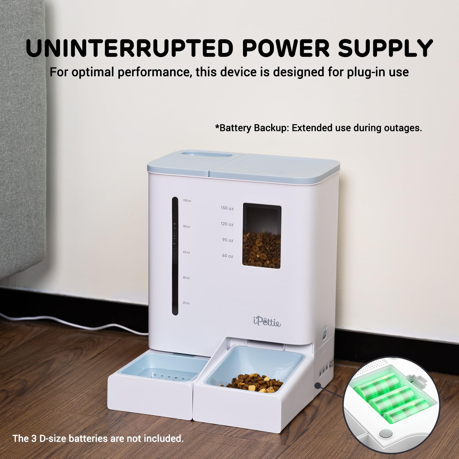 iPettie FW54 dual power options for uninterrupted feeding