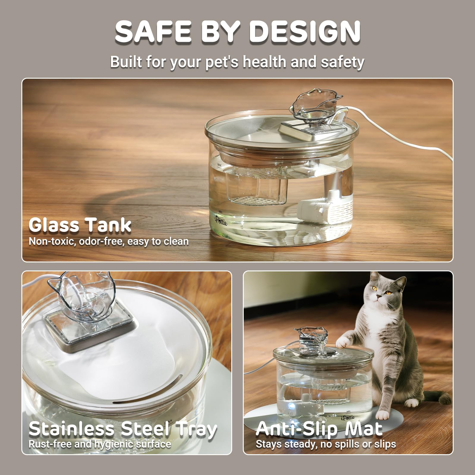 iPettie Glass Cat Water Fountain 68 oz capacity supports multiple pets
