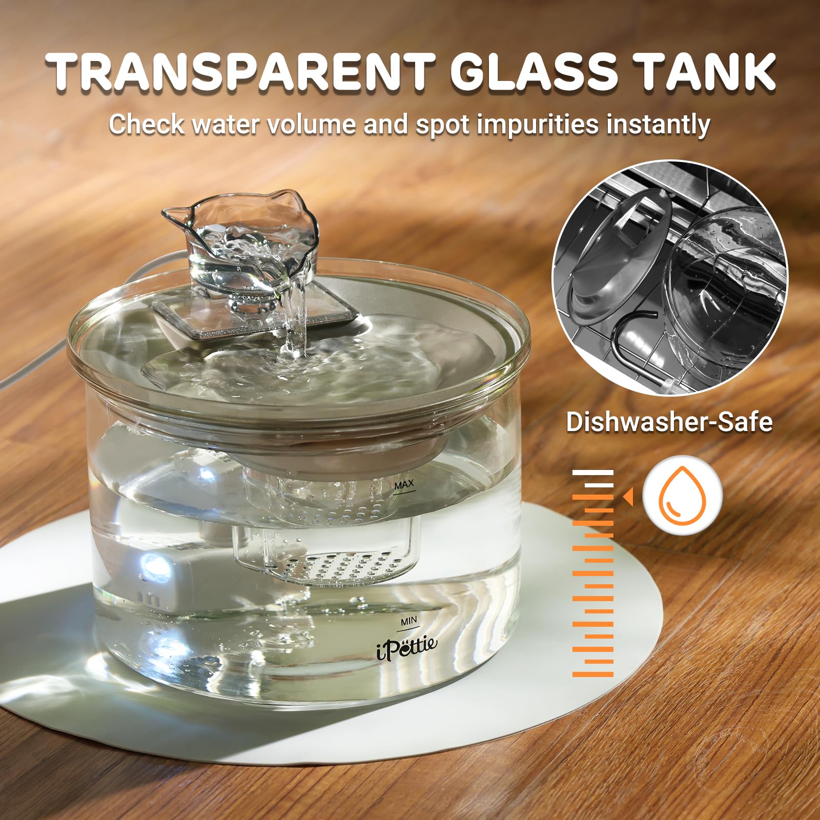 iPettie Glass Cat Water Fountain spray heads enable gentle or faucet style streams