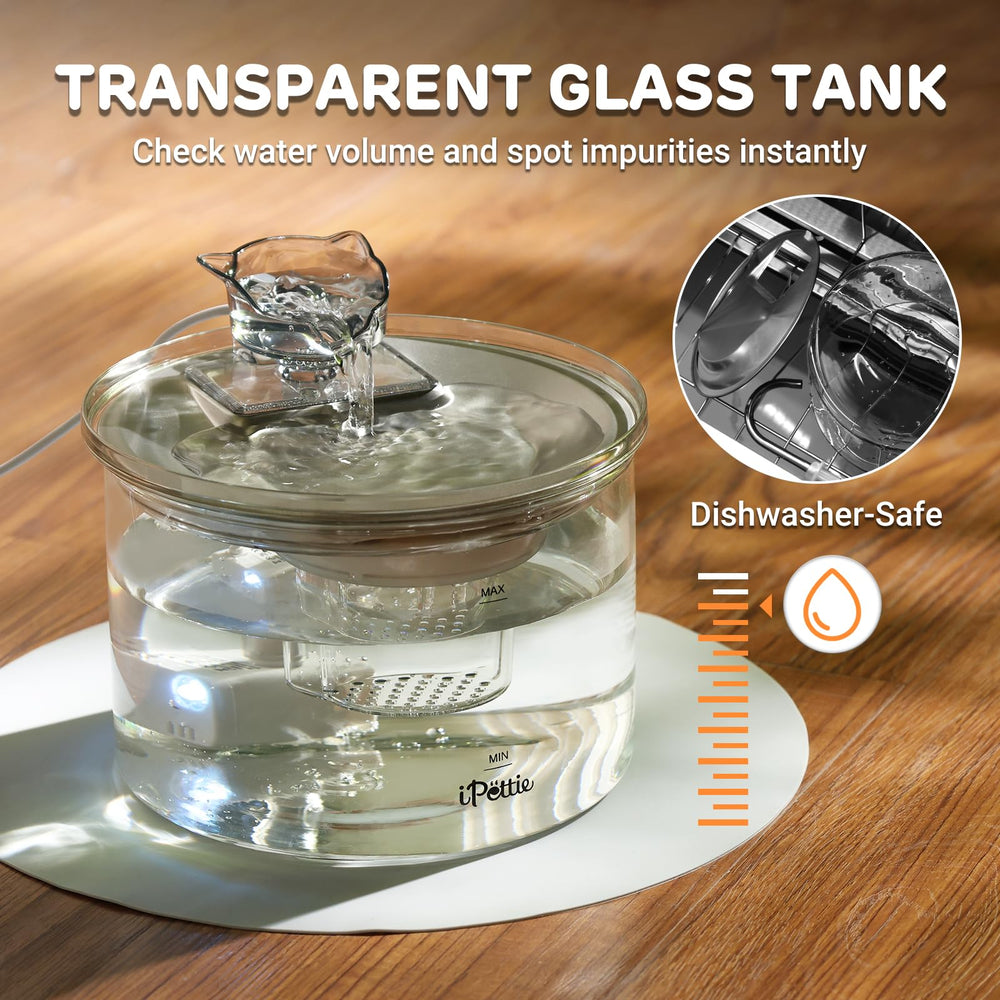 iPettie Glass Cat Water Fountain spray heads enable gentle or faucet style streams