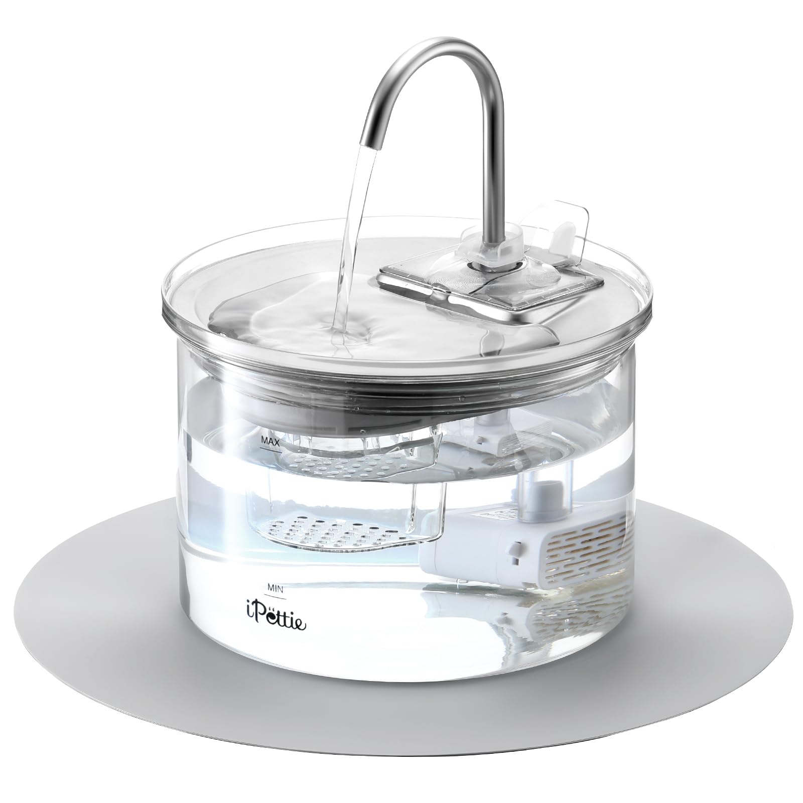 iPettie Glass Cat Water Fountain tank view shows water level for easy refills