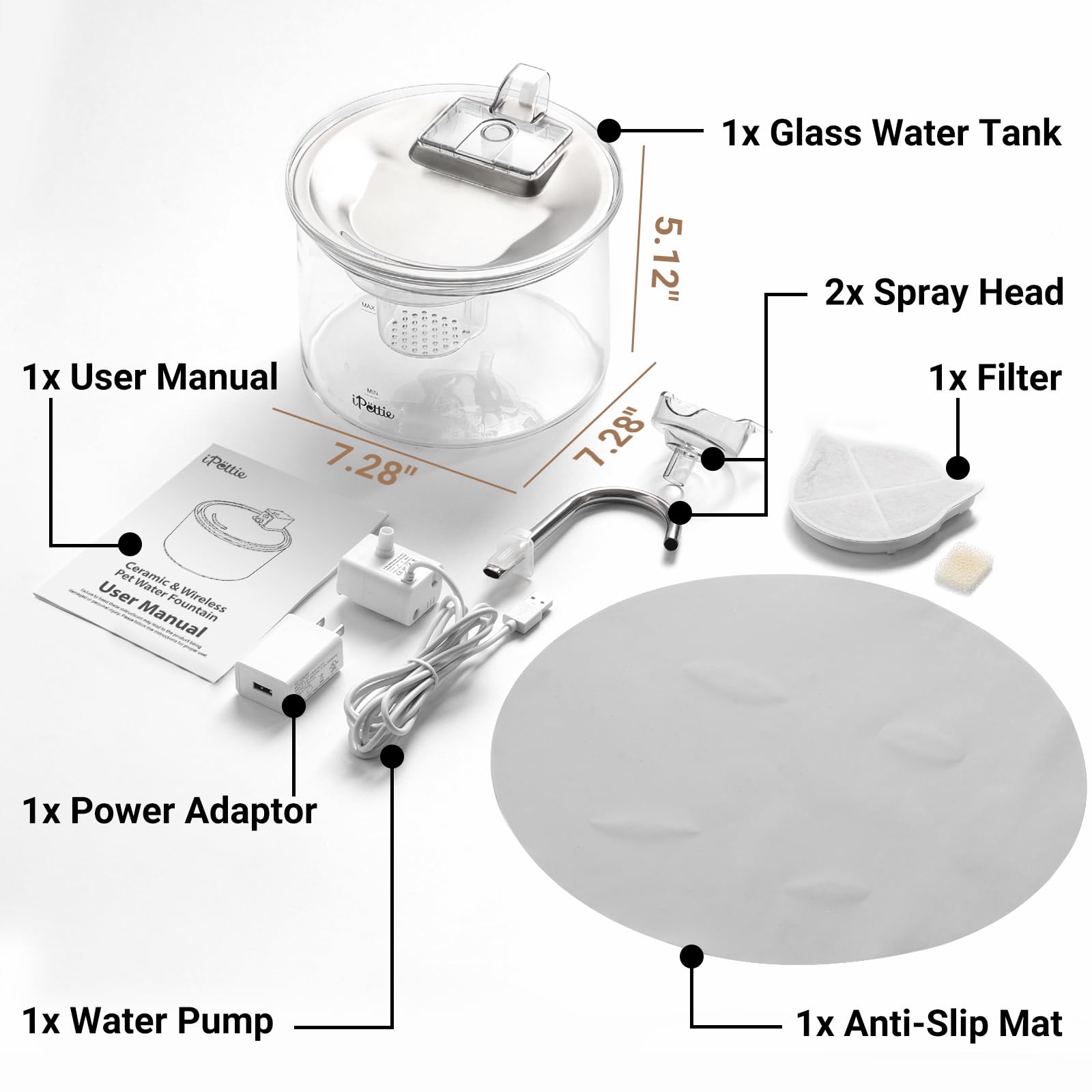 iPettie Glass Cat Water Fountain universal voltage works in many regions
