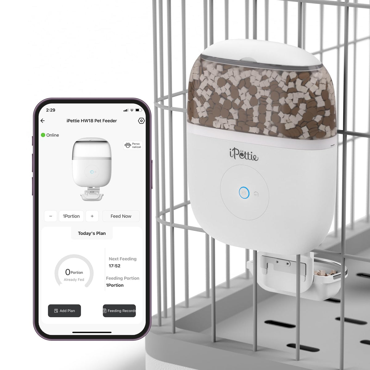 ipettie smart wifi hanging feeder front view showing compact, space-saving feeding design