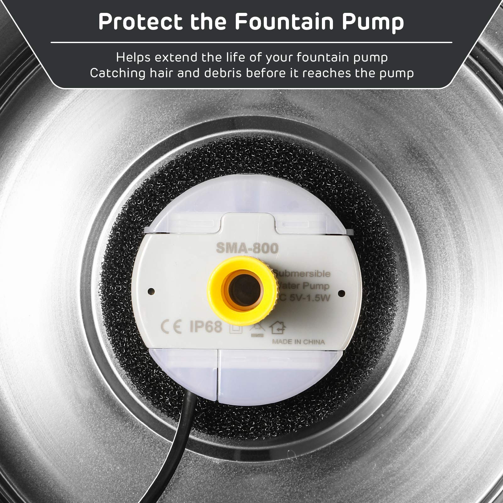 iPettie Stainless-Steel Cat Fountain Pump Protection Closeup—helps extend fountain pump life.