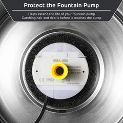 iPettie Stainless-Steel Cat Fountain Pump Protection Closeup—helps extend fountain pump life.