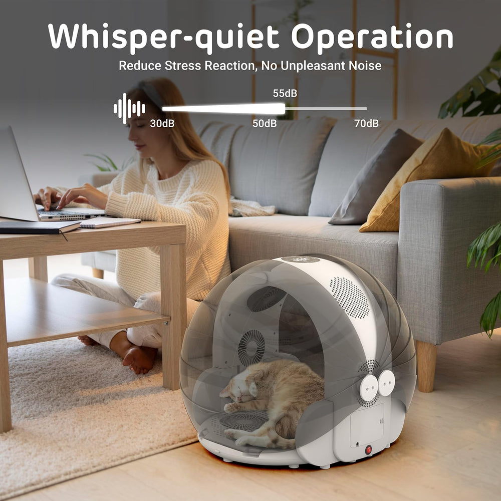 ipettie ultra-quiet operation image highlights under-50dB noise for calm pets.