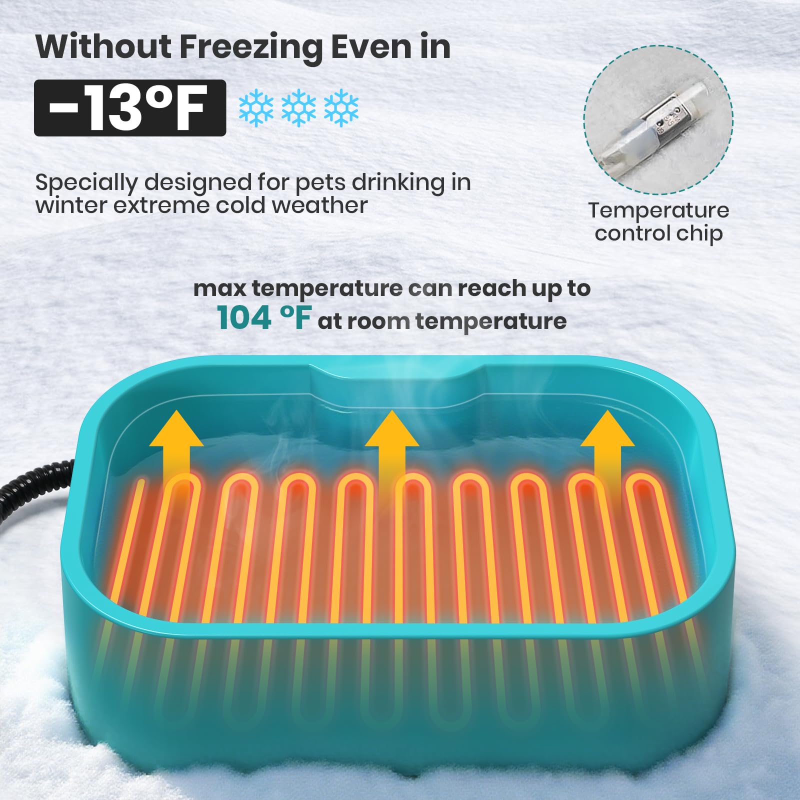 IPOW heating element inside view demonstrates quick warm water for pets in cold weather.