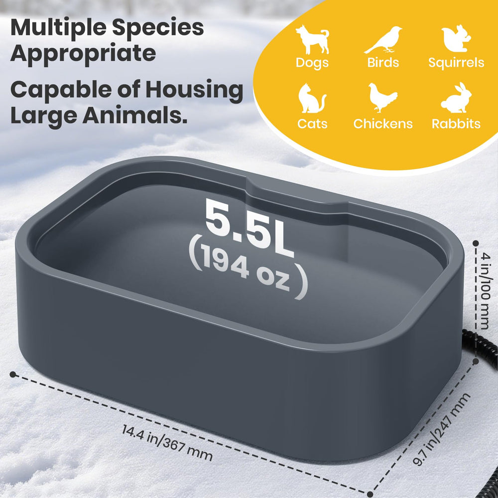 IPOW pet bowl capacity 5.5L graphic highlights large water supply for busy households.