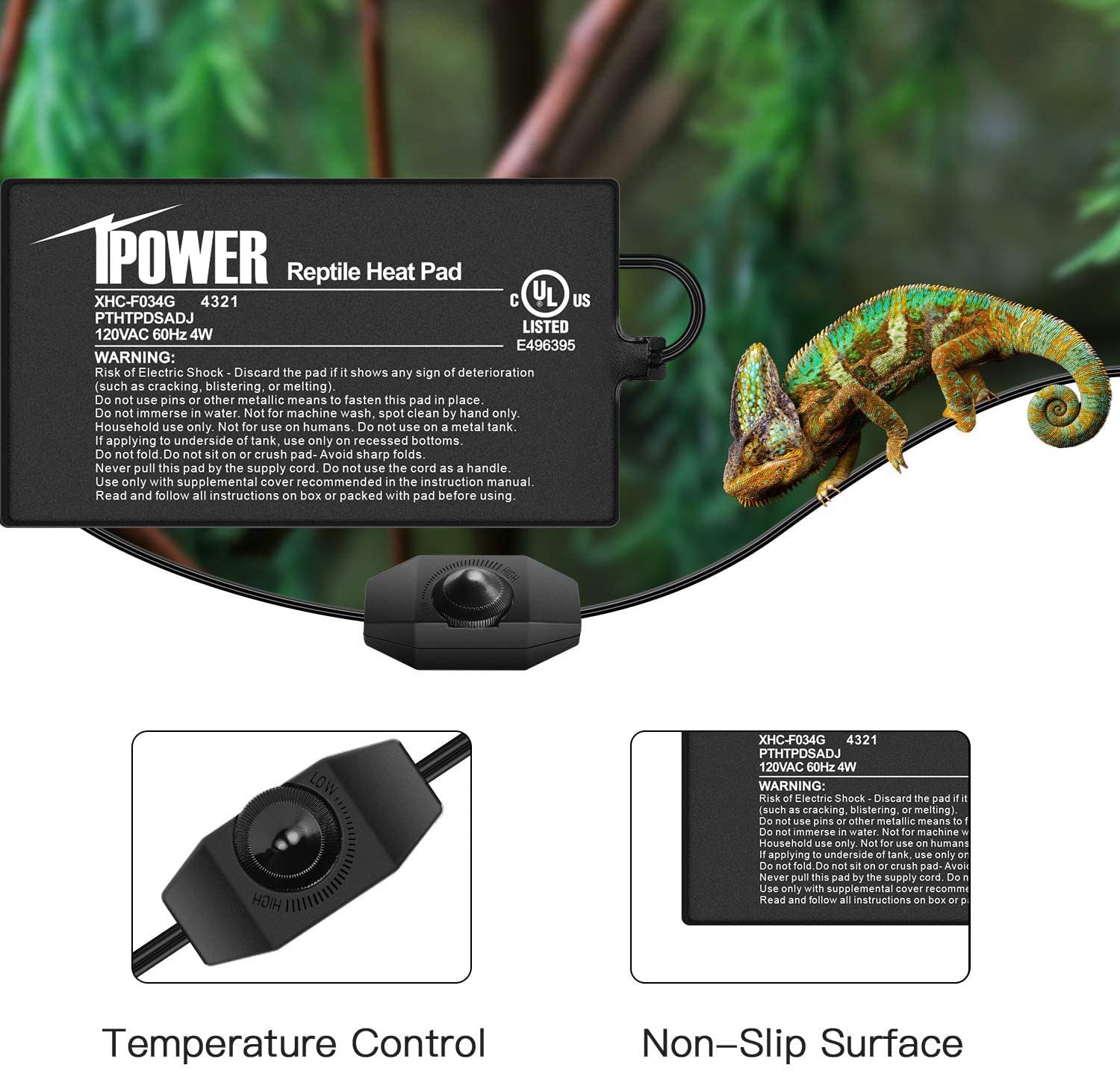 IPower reptile heat pad 6x8 in-tank setup with clear cord and plug