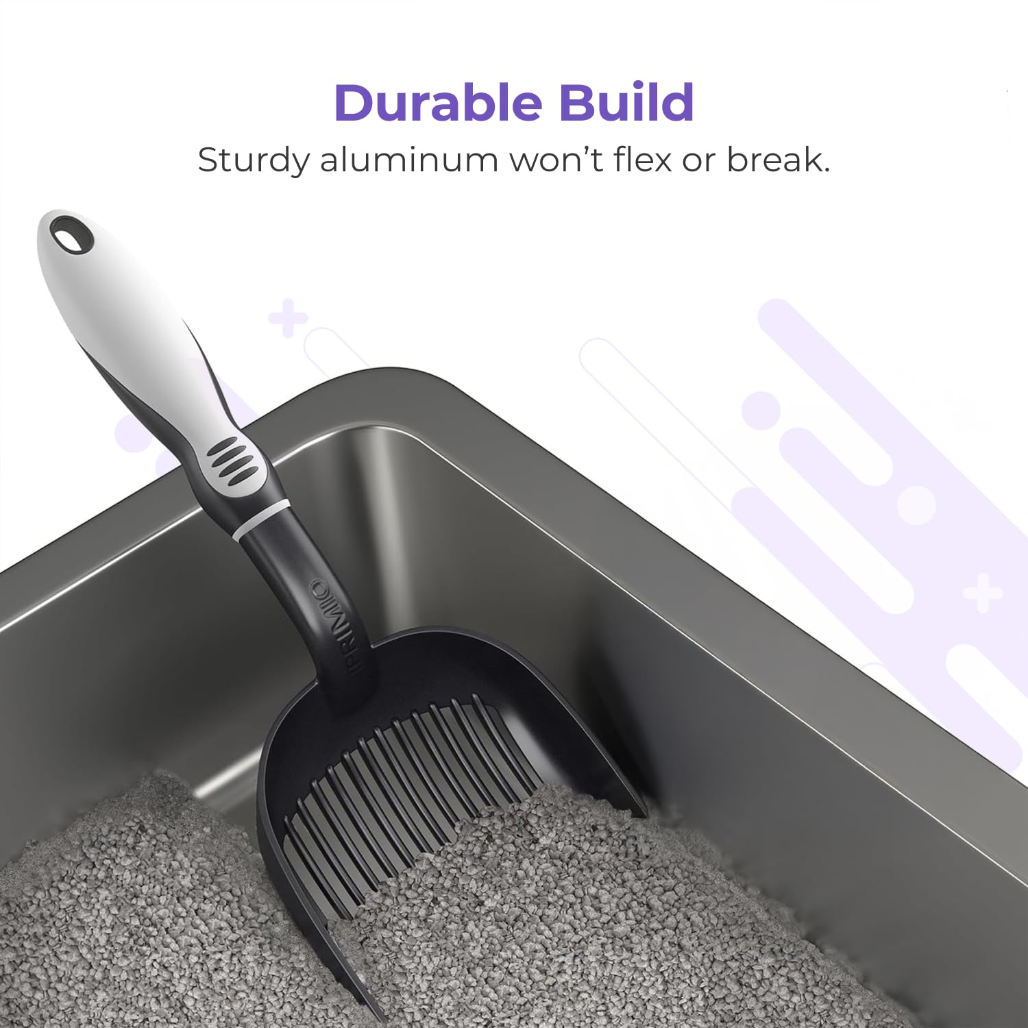iPrimio cat litter scoop metal deep-pocket shovel accommodates large clumps easily.