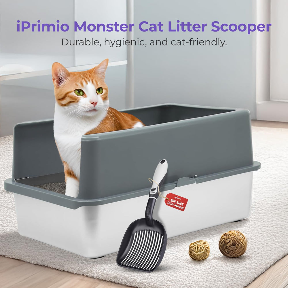 iPrimio cat litter scoop metal nonstick coating reduces waste sticking for easier cleanup.