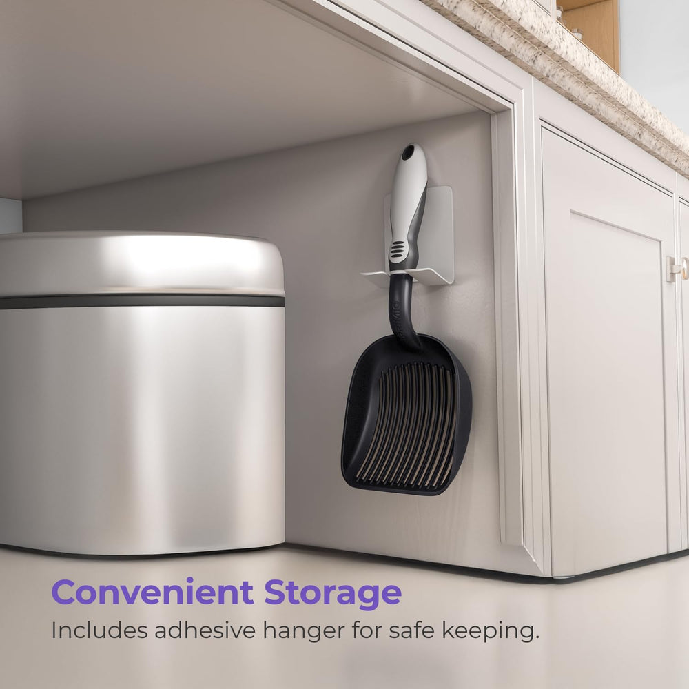 iPrimio cat litter scoop metal patented sifter highlights efficient separation of clean waste.