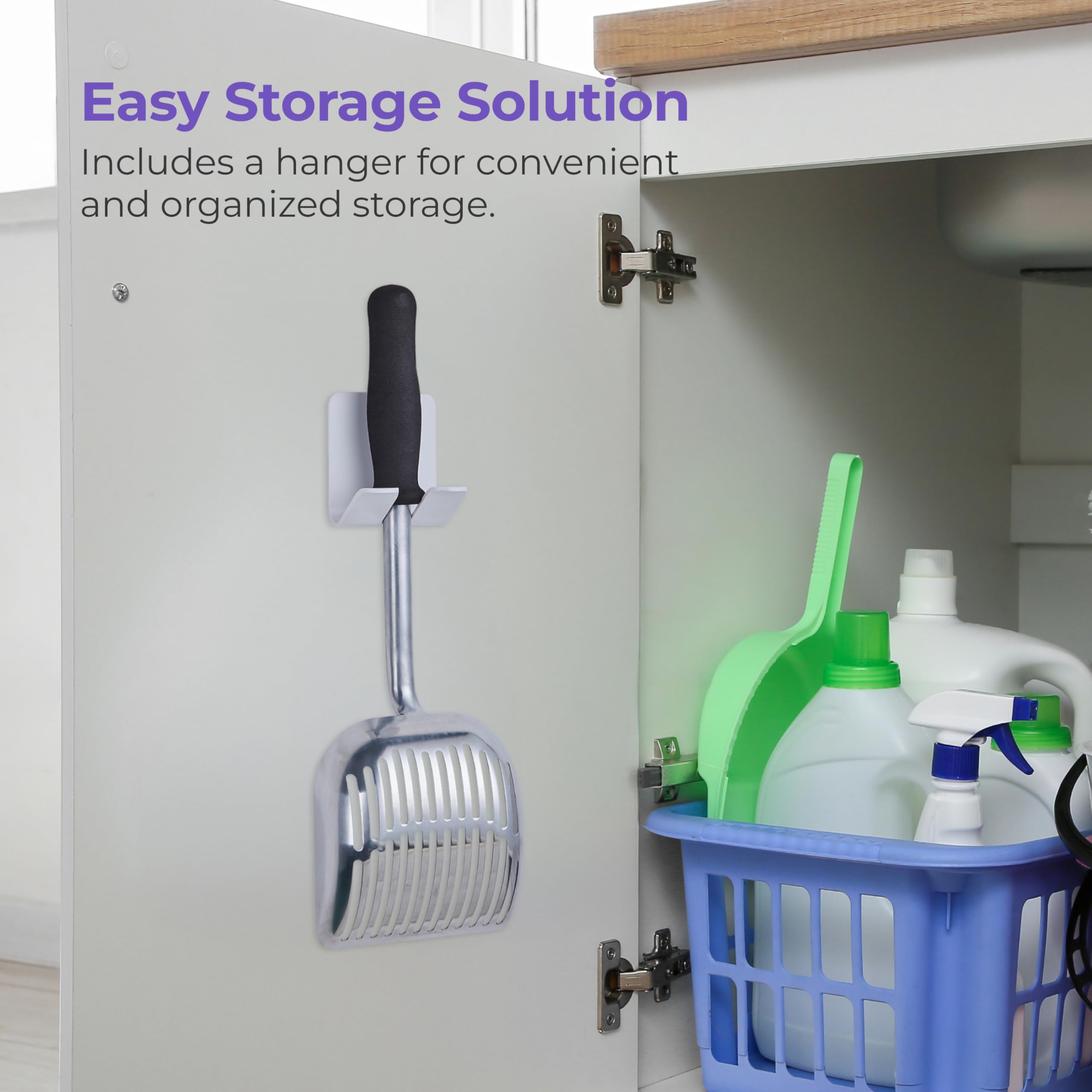 iPrimio Monster Metal Cat Litter Scoop in-use showing extended reach and easy scooping