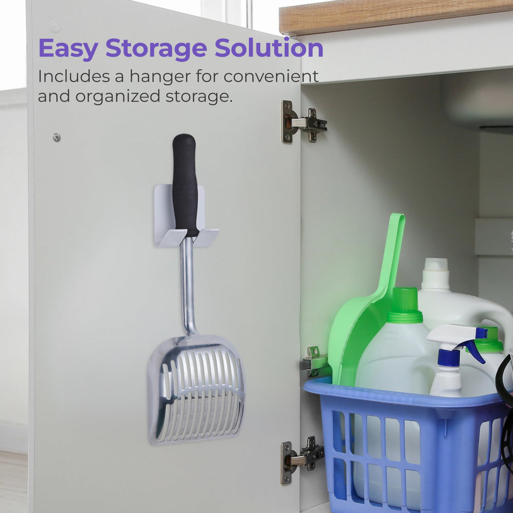 iPrimio Monster Metal Cat Litter Scoop in-use showing extended reach and easy scooping