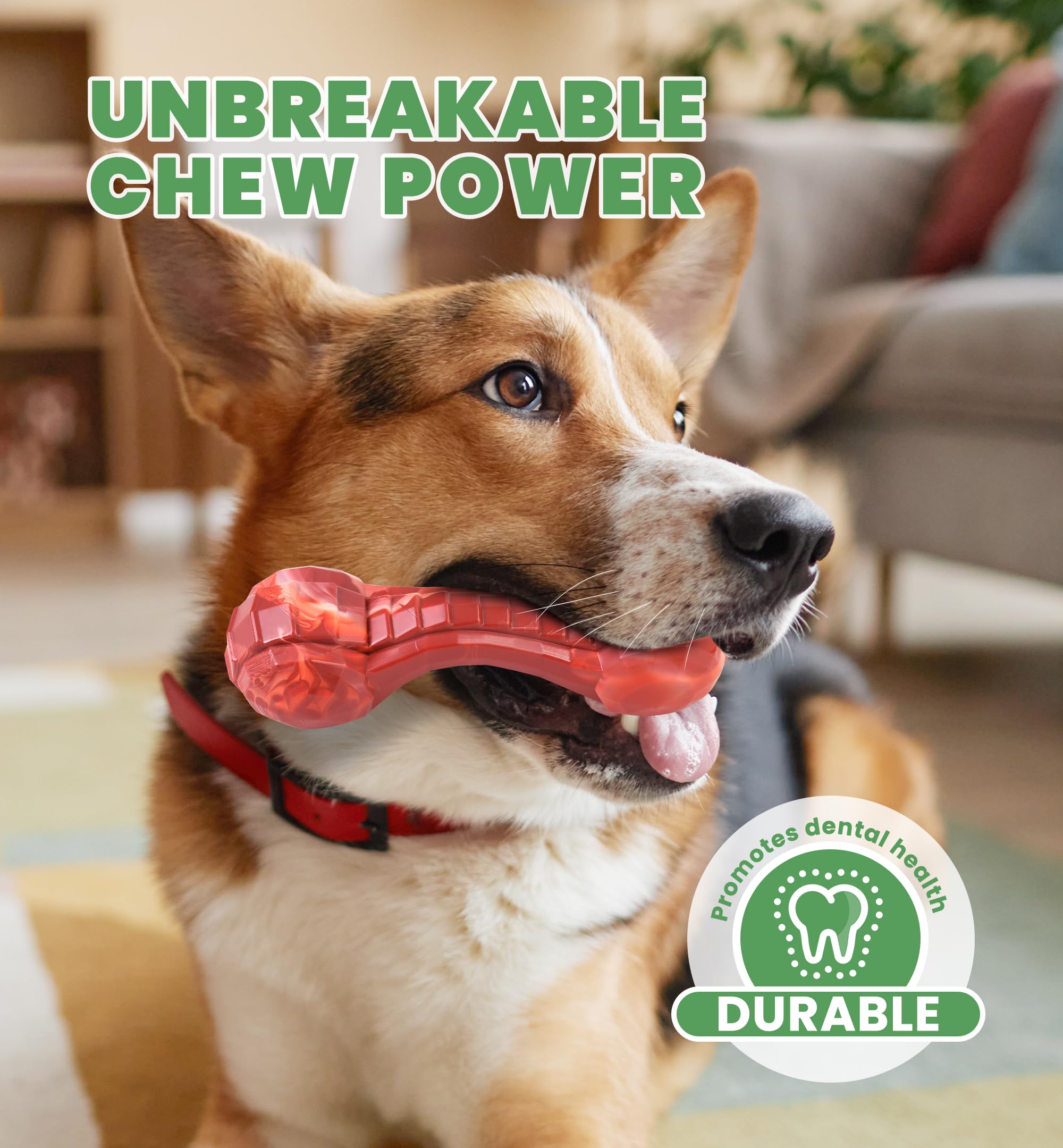 IPTPAS durable chew toy textured surface aids dental cleaning and fresh breath.