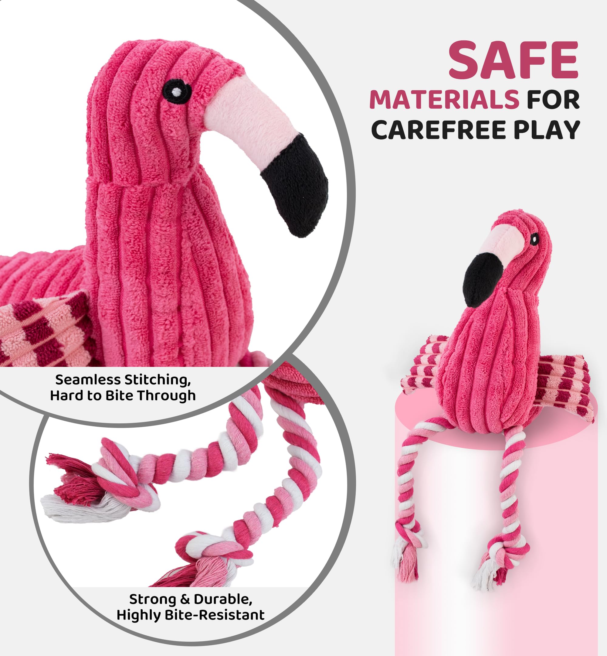 IPTPAS Squeaky Dog Toy Flamingo-Red soft plush material for comfortable chewing