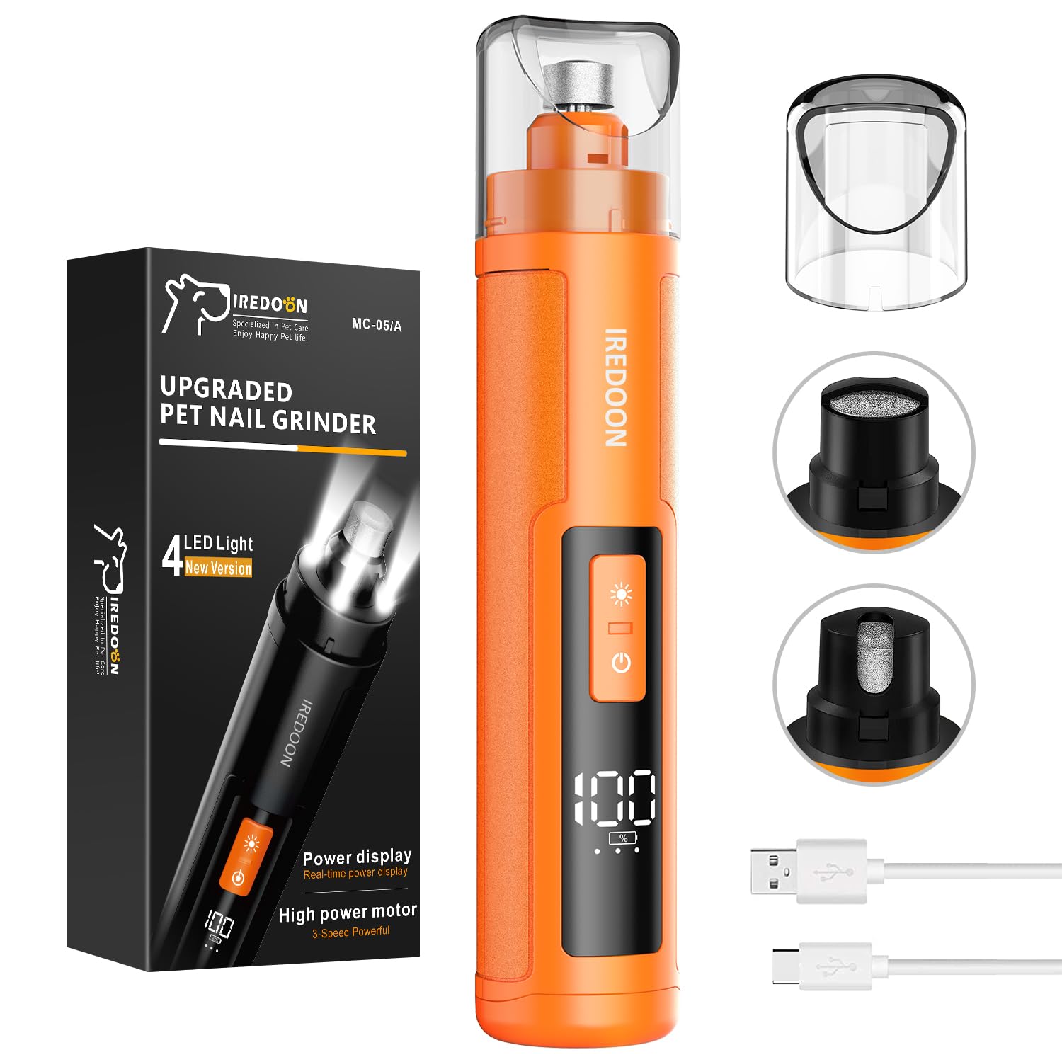 IREDOON dog nail grinder orange front view showing compact design for at home grooming