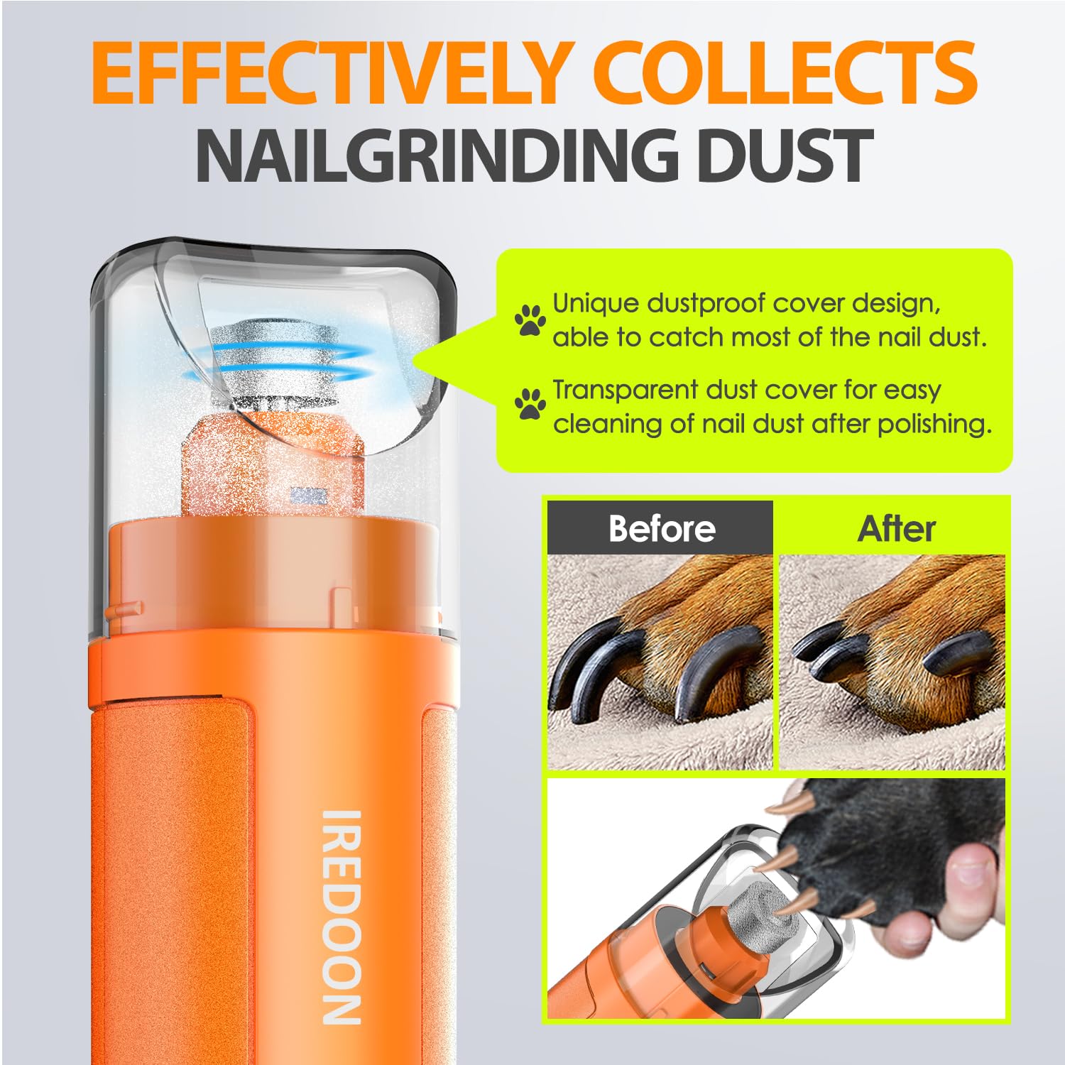 IREDOON dog nail grinder orange LED display image showcases battery and speed readout