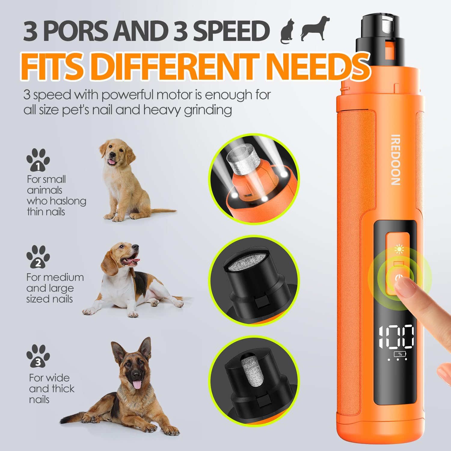 IREDOON dog nail grinder orange side view demonstrates ergonomic grip for steady trimming