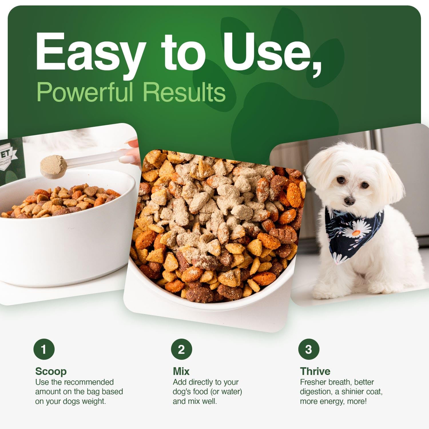 Iron Paws dog eating bowl with nutritious greens supplement visible