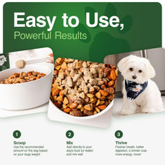 Iron Paws dog eating bowl with nutritious greens supplement visible