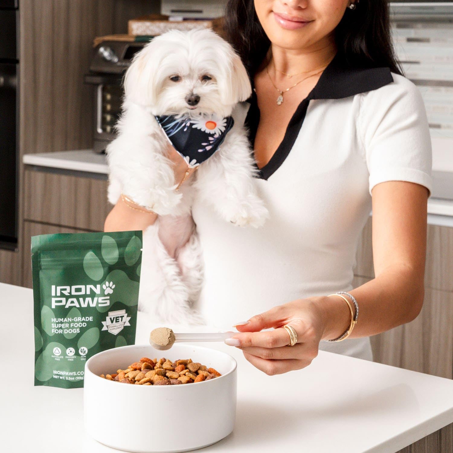 Iron Paws dog meal mixing shows powder blending into meals