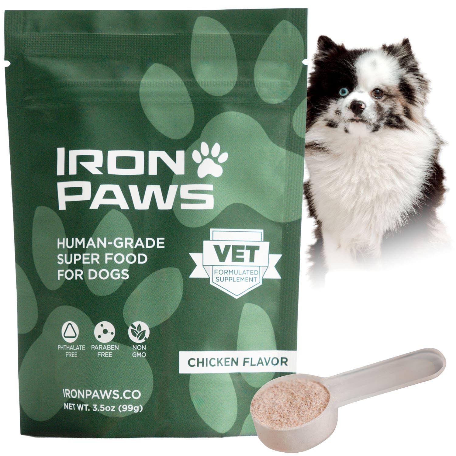 Iron Paws greens powder bottle highlighting a premium dog supplement for gut and skin support