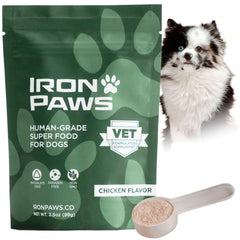 Iron Paws greens powder bottle highlighting a premium dog supplement for gut and skin support