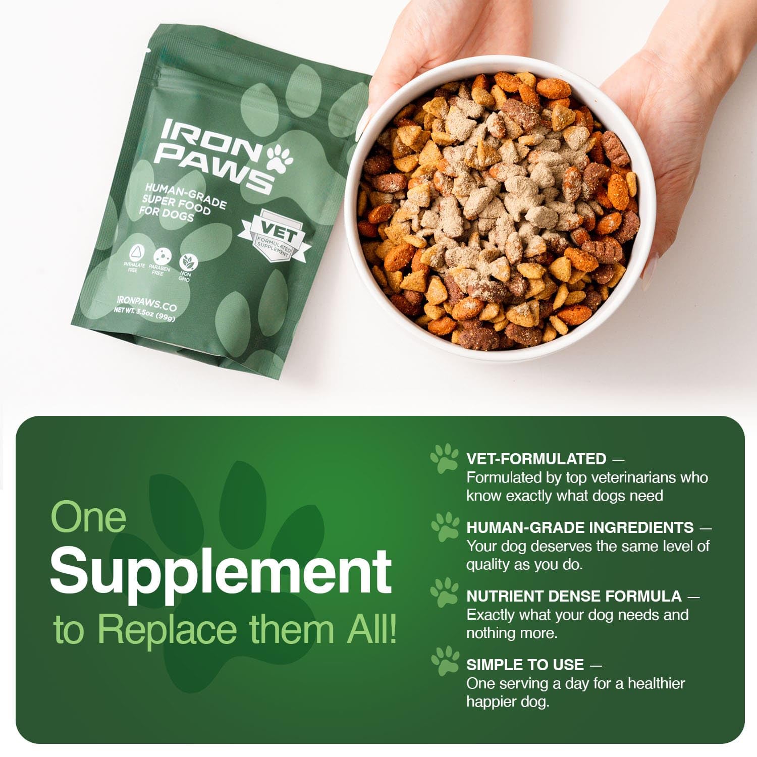 Iron Paws greens powder closeup showing vibrant greens and dense formula