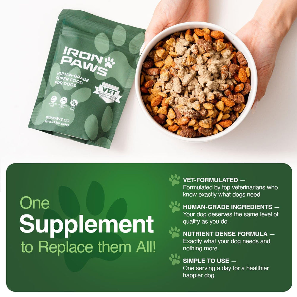 Iron Paws greens powder closeup showing vibrant greens and dense formula