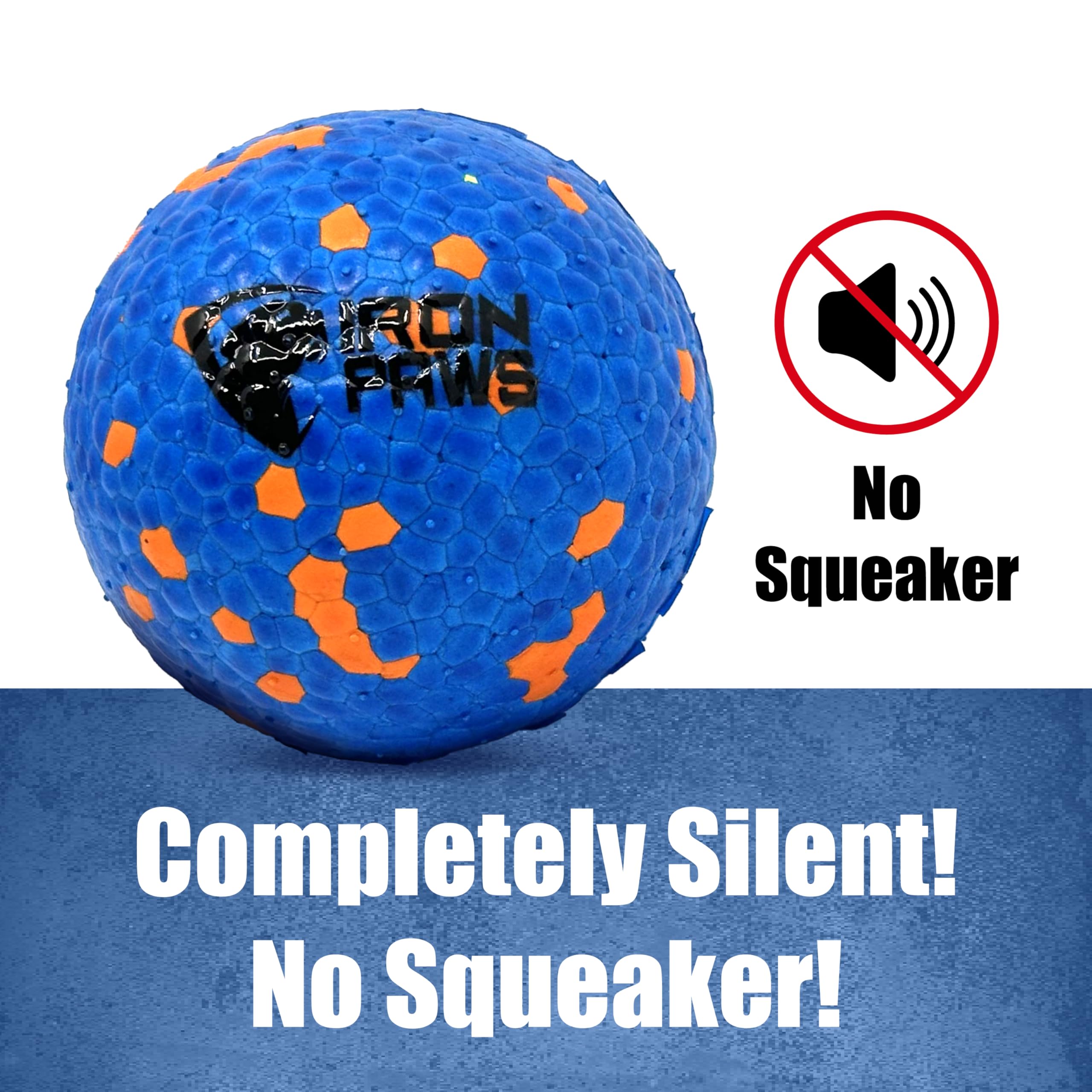 Iron Paws indestructible dog ball blue no-squeak design keeps noise calm
