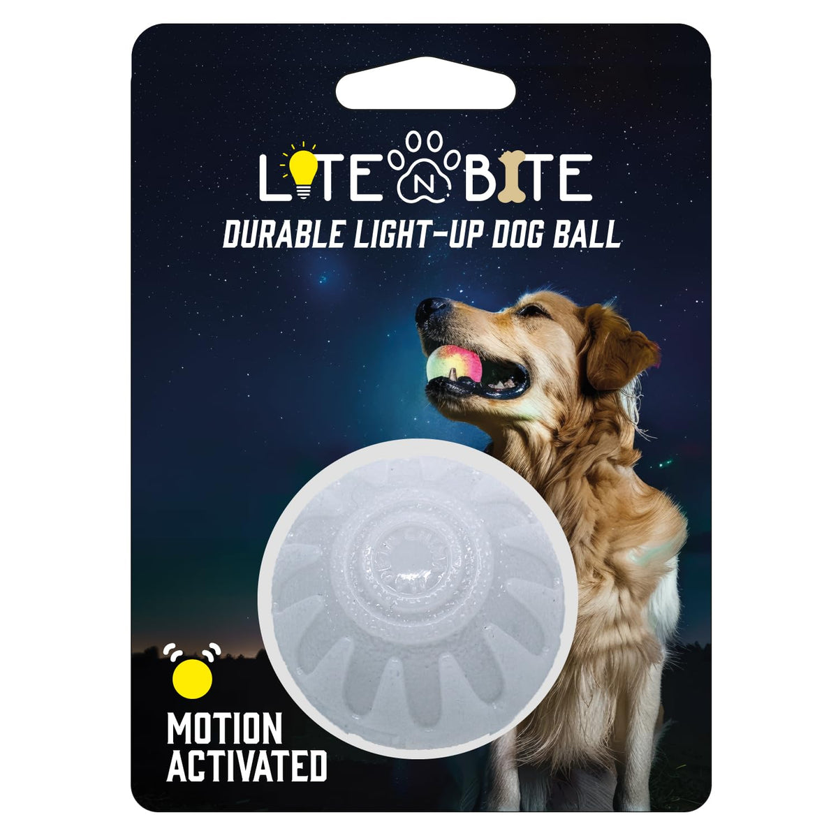 Iron Paws LED light-up ball during fetch enhances nighttime visibility.