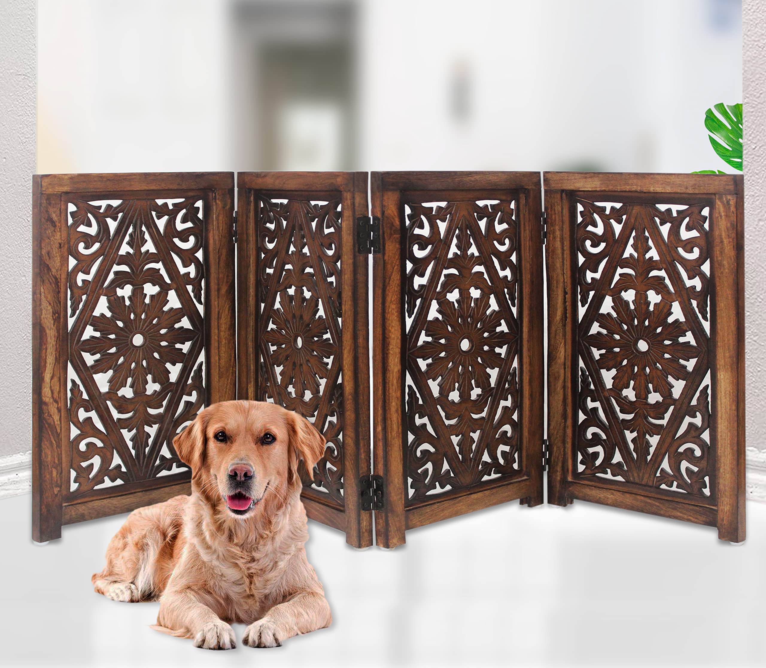 IRONGATE four-panel design highlights versatile freestanding pet barrier for doorways and stairs.