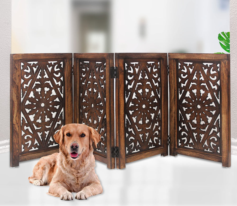 IRONGATE four-panel design highlights versatile freestanding pet barrier for doorways and stairs.