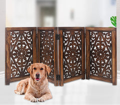 IRONGATE four-panel design highlights versatile freestanding pet barrier for doorways and stairs.