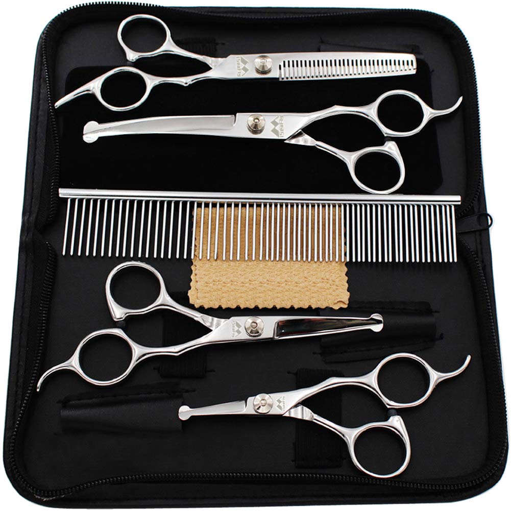 iSeaFly dog grooming scissors kit thinning blades for precise detailing and smooth cuts.