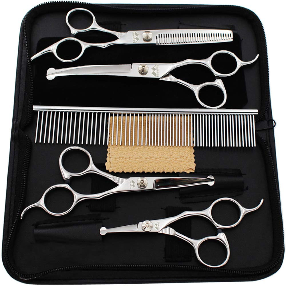iSeaFly dog grooming scissors kit thinning blades for precise detailing and smooth cuts.