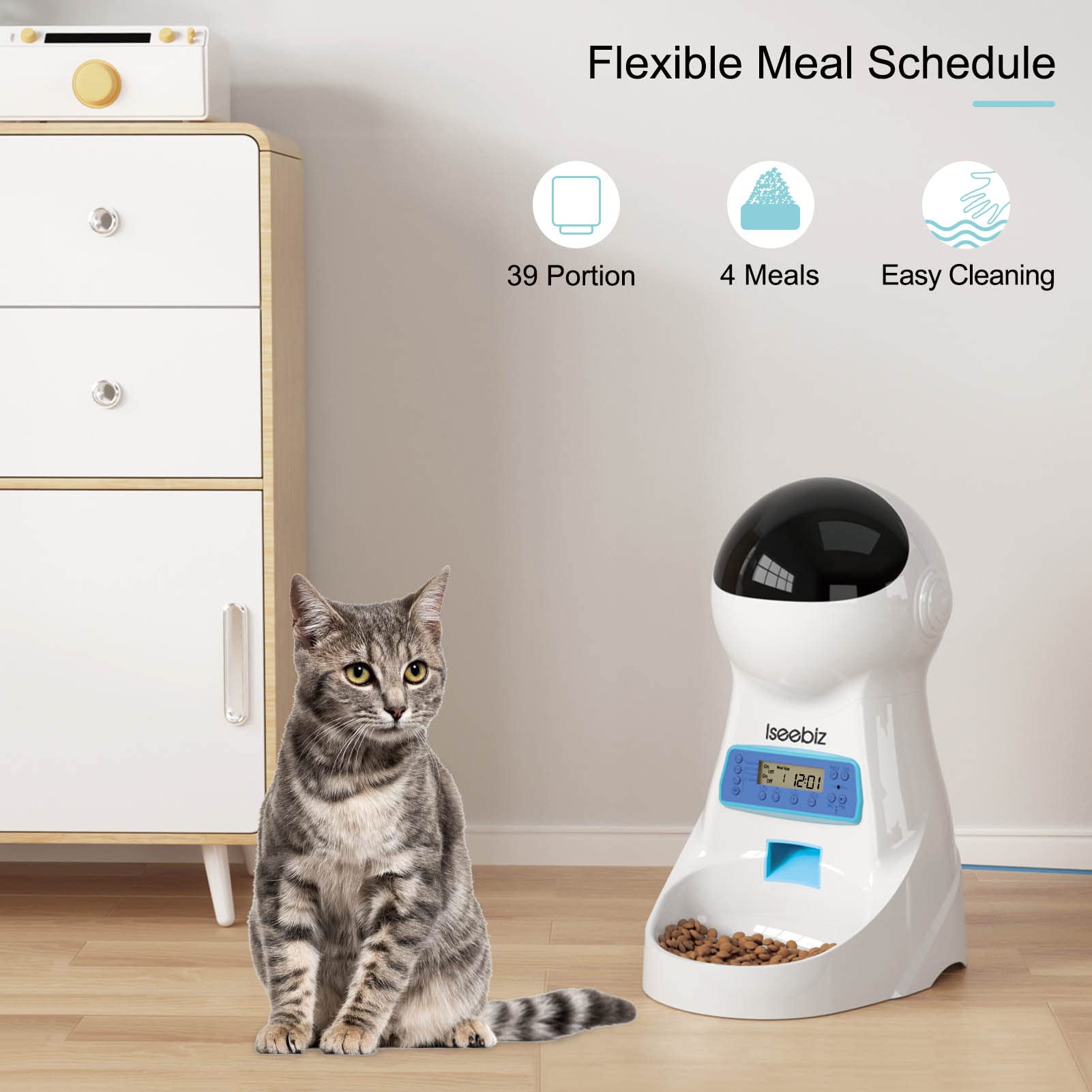 Iseebiz automatic-cat-feeder desk setup demonstrates dual-power readiness for travel days