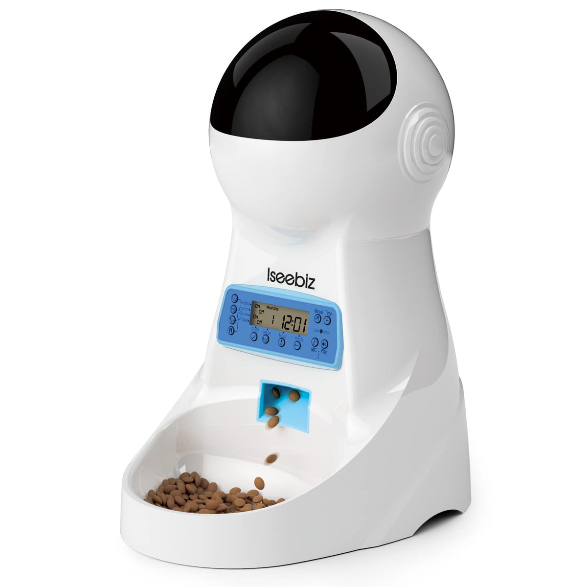Iseebiz automatic-cat-feeder top view highlights anti-clog design for reliable feeding