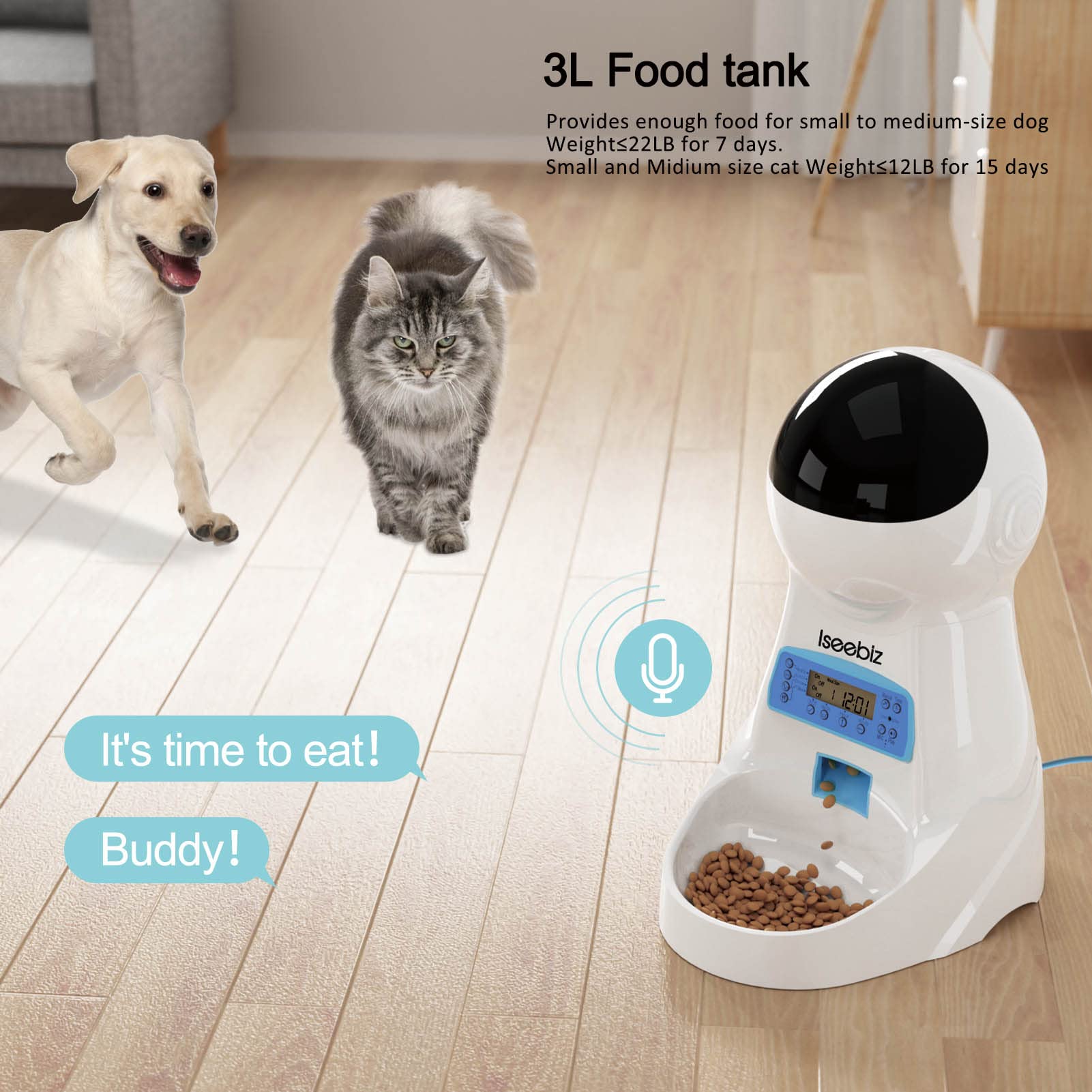 Iseebiz automatic-cat-feeder voice-recorder shows personalized calls for pets during meals