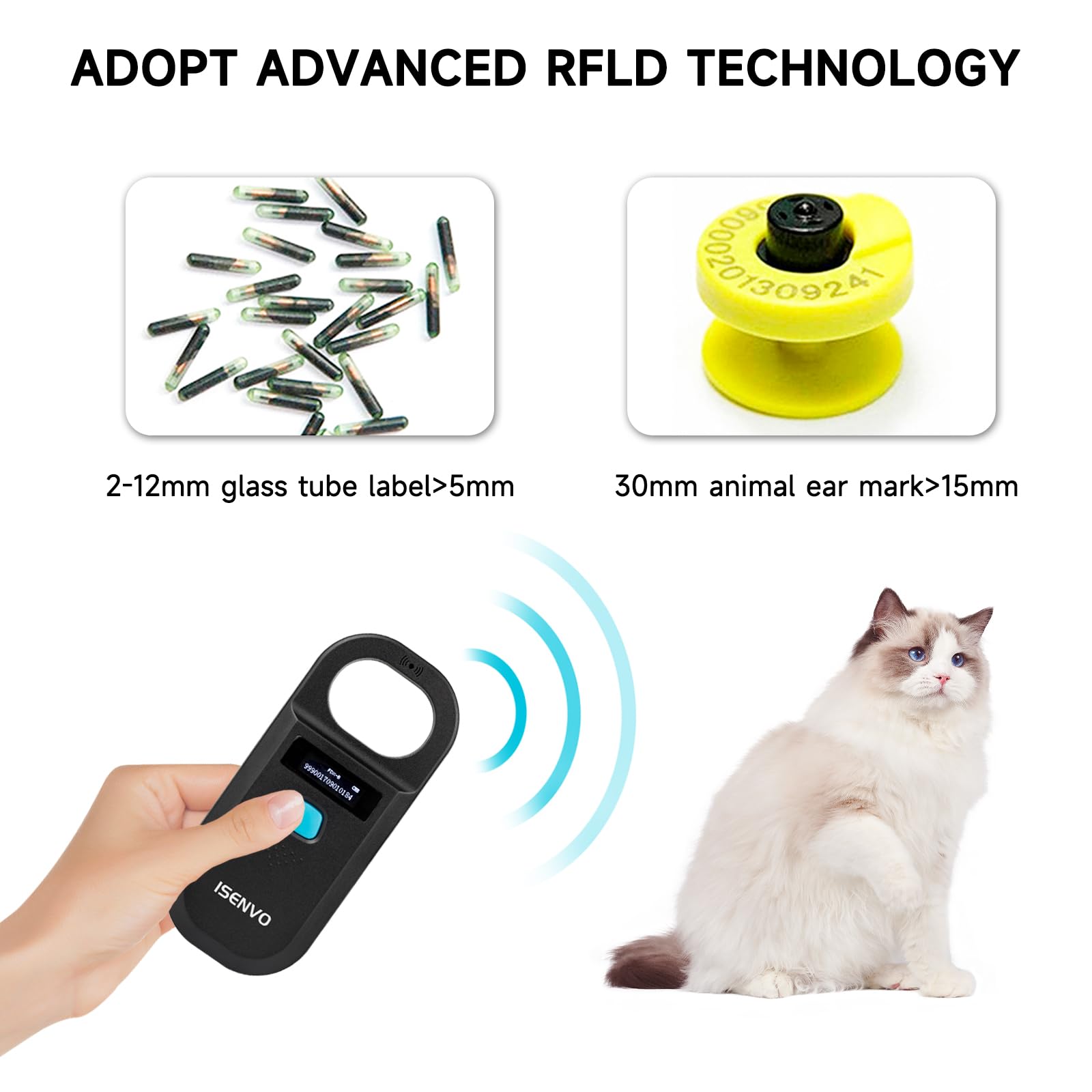 ISENVO Pet Microchip Scanner back view highlighting durable housing.