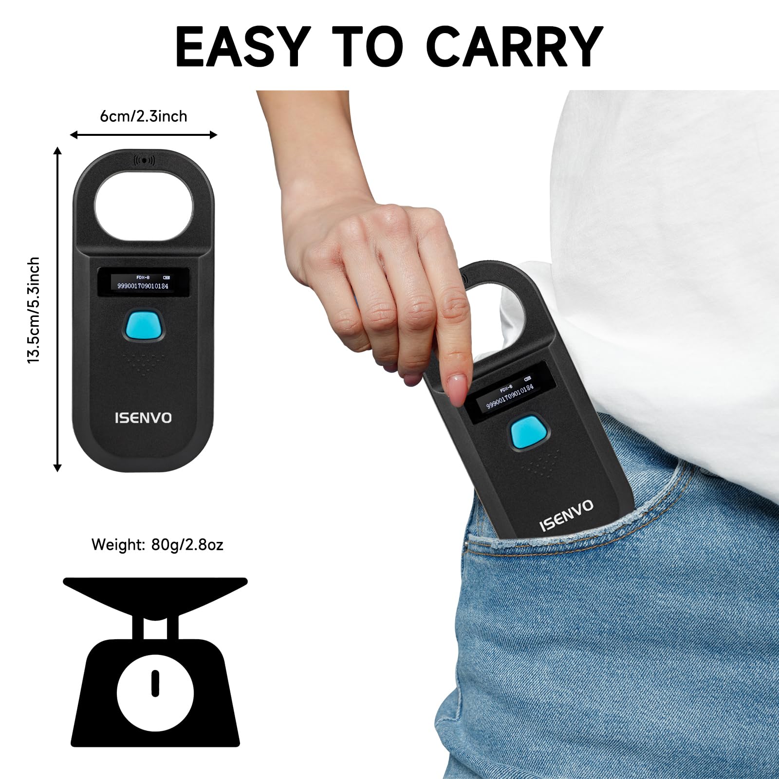 ISENVO Pet Microchip Scanner backlit screen aiding low-light reading.