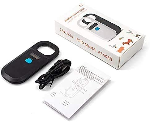 ISENVO Pet Microchip Scanner ID readout displaying a 15-digit chip ID.