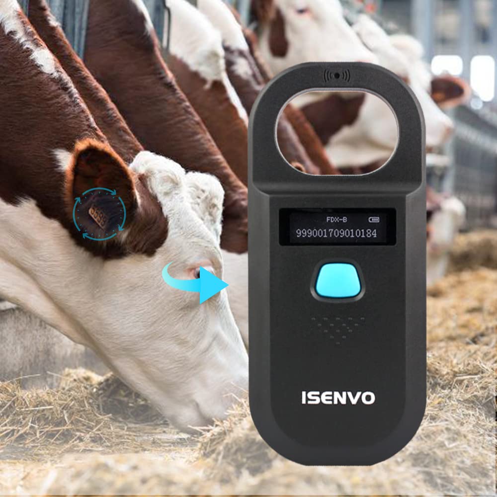 ISENVO Pet Microchip Scanner in use on a cat for quick ID readout.