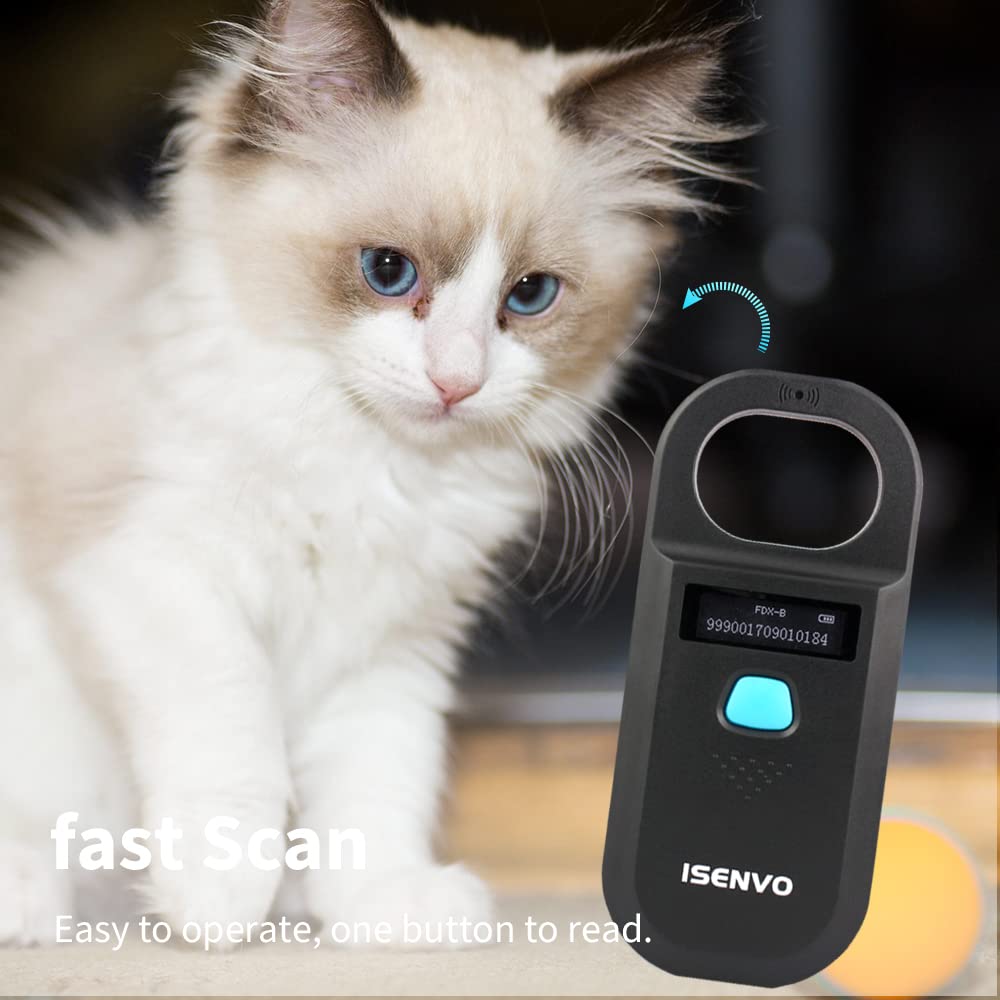 ISENVO Pet Microchip Scanner in use on a dog for fast ID check.